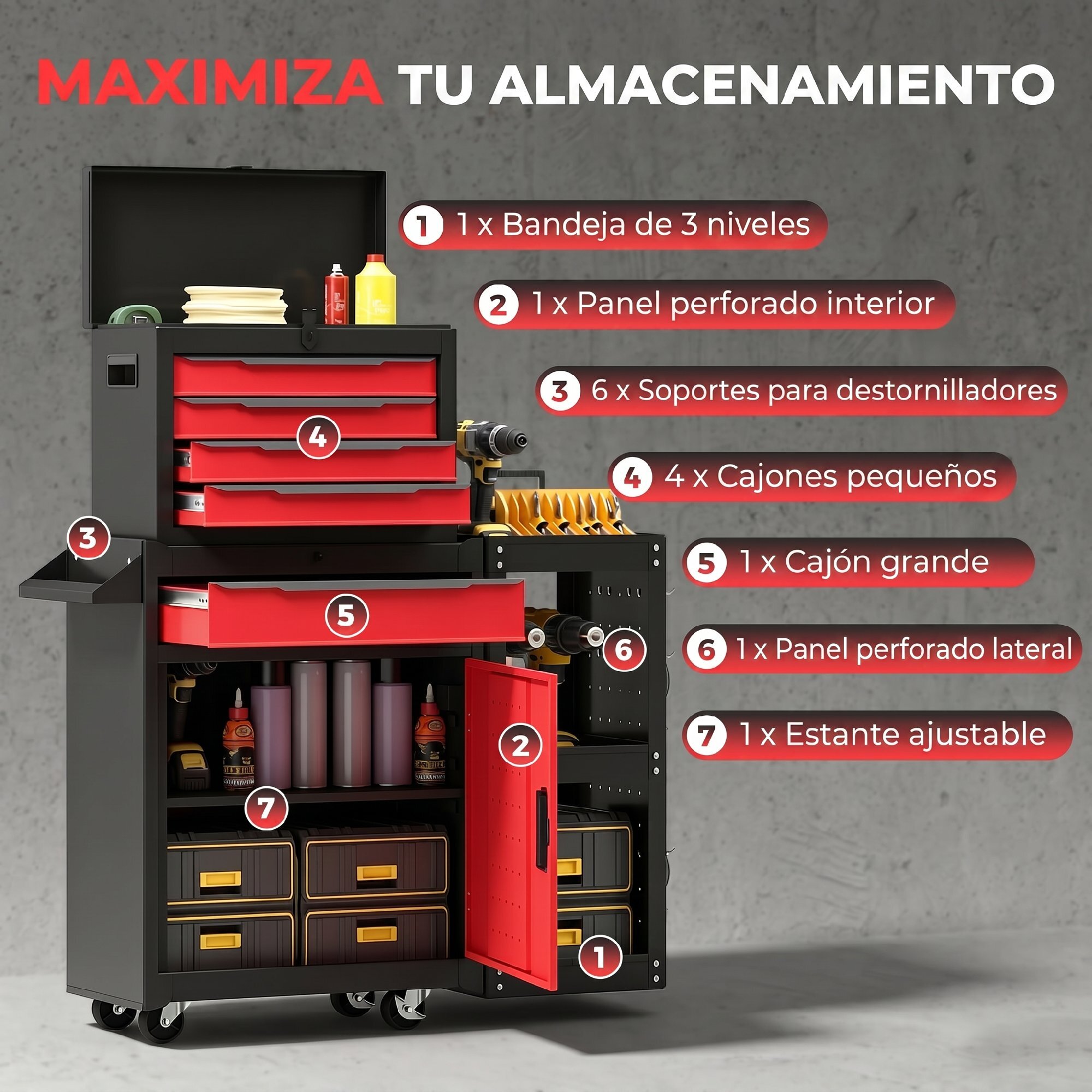 Carro de Herramientas con 5 Cajones 3 en 1, Caja de Taller Metálica con Soporte Lateral, Armario Inferior, Paneles Perforados, Cerradura, Asa, 2 Ruedas con Freno de Bloqueo, Negro y Rojo