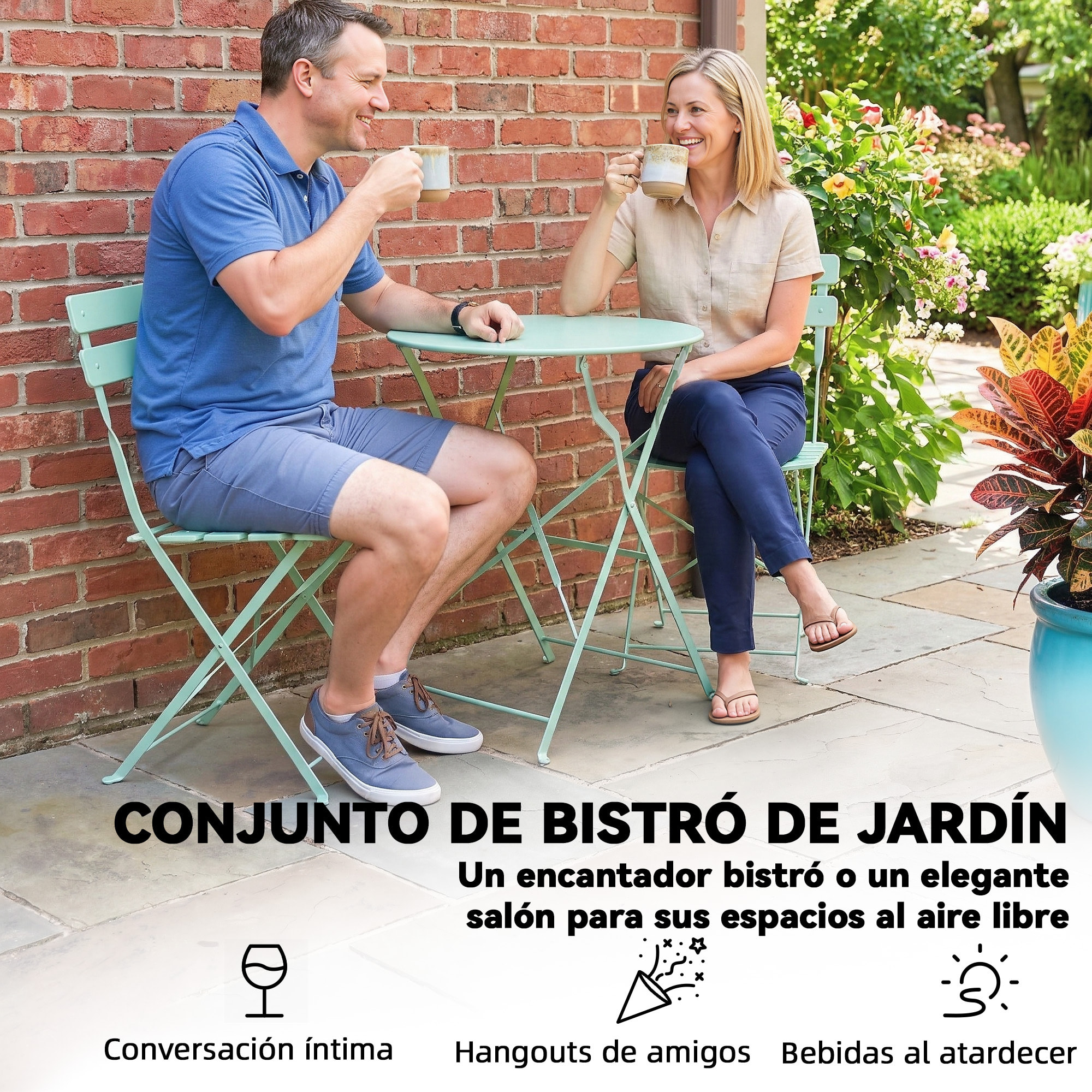 Conjunto de Mesa y Sillas de Terraza Exterior Plegable 3 Piezas, Muebles de Jardín Exterior con 2 Sillas Plegables, Mesa Redonda, Estructura Metálica Electrofórica para Patio, Balcón, Verde
