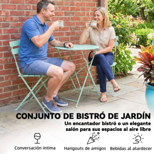 Conjunto de Mesa y Sillas de Terraza Exterior Plegable 3 Piezas, Muebles de Jardín Exterior con 2 Sillas Plegables, Mesa Redonda, Estructura Metálica Electrofórica para Patio, Balcón, Verde