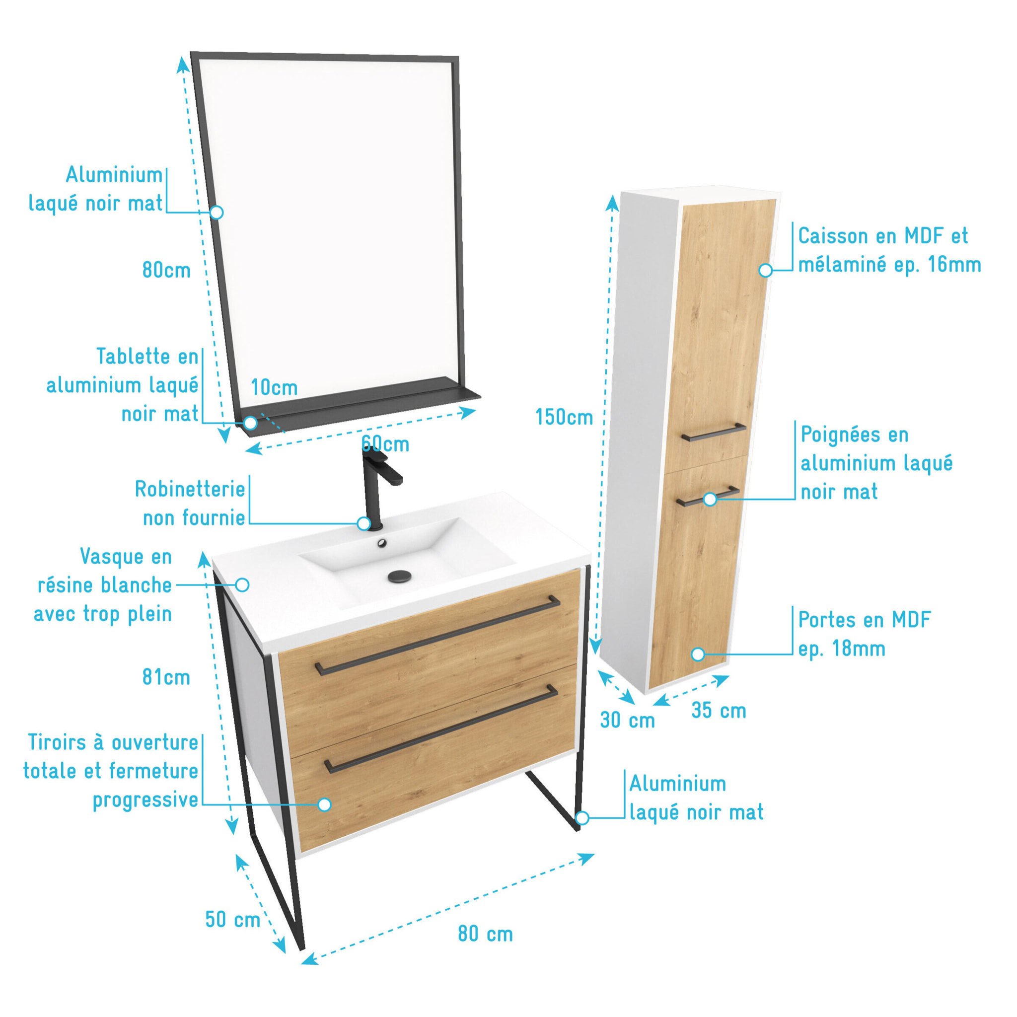 Pack meuble de salle de bain 80x50 cm - 2 tiroirs - vasque blanche + miroir noir mat + colonne