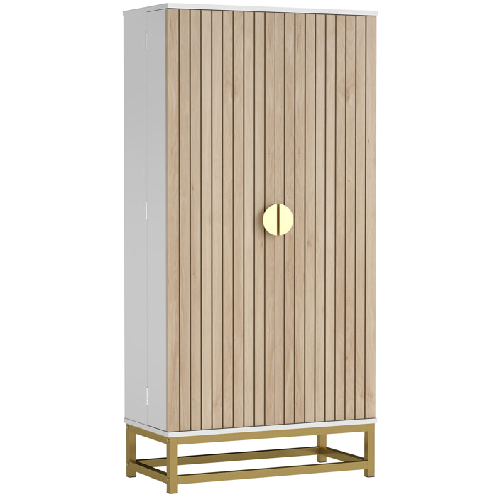 Armoire de cuisine design 2 portes effet claustra bois - 12 étagères de porte + 4 étagères internes - acier doré blanc