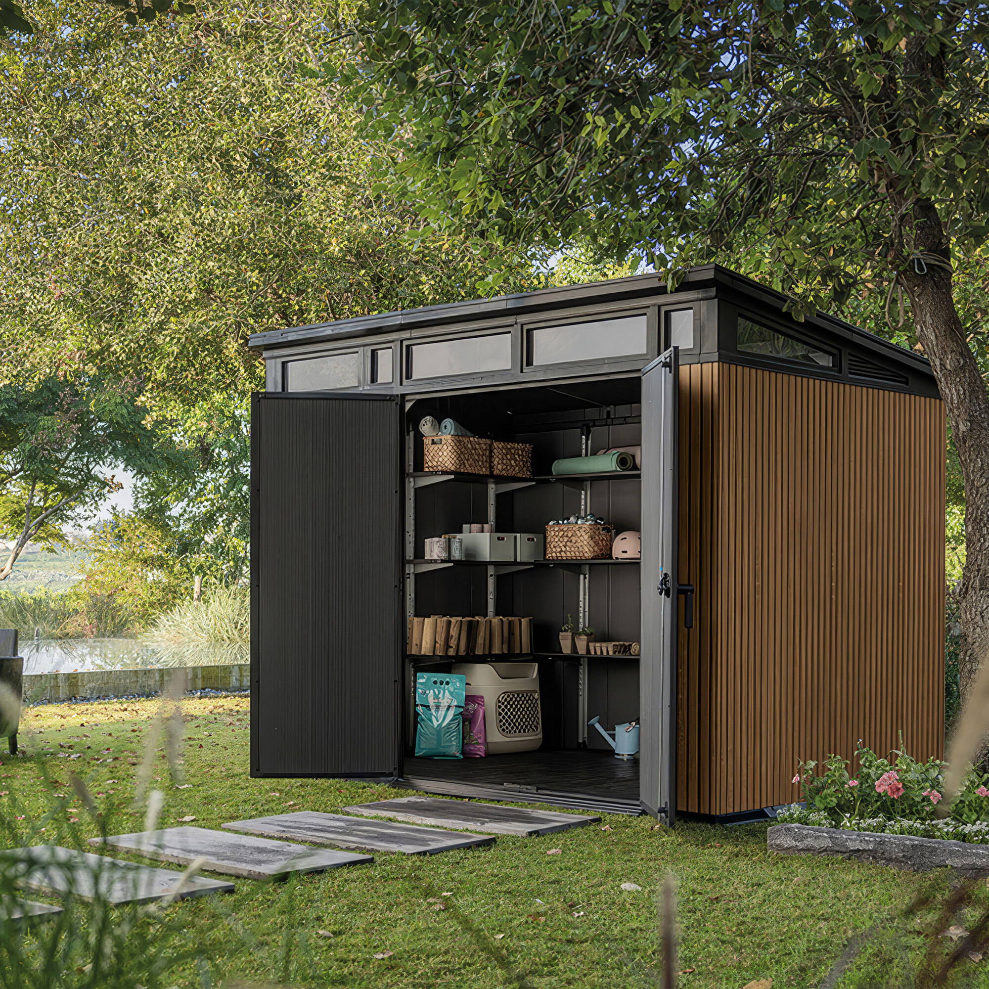 Pent 9x7 - Casetta da Giardino 279x226x218 cm 2 Ante per deposito attrezzi finitura effetto legno Evotech+ in Resina Marrone e Nero