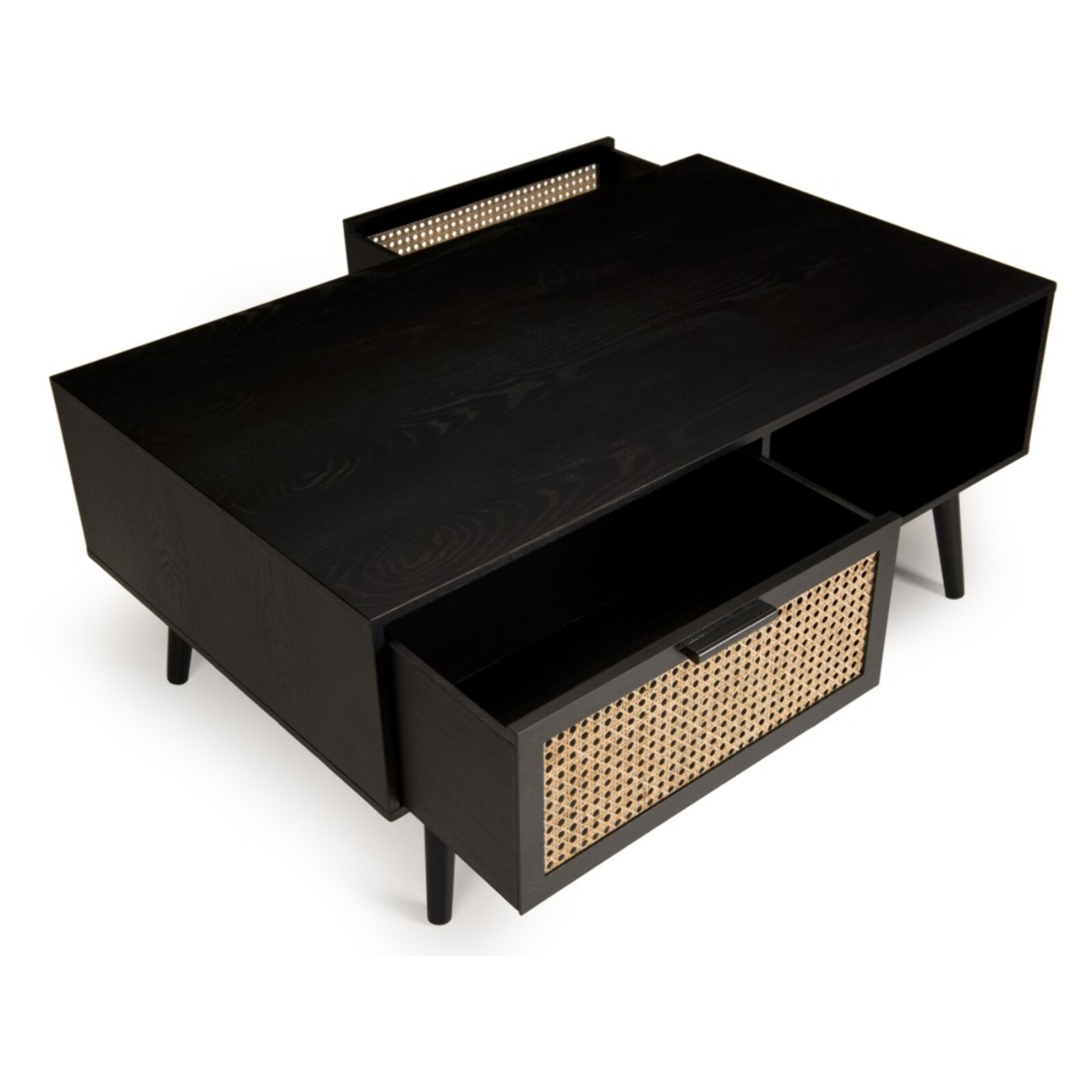 ANGELO - Table basse noire bois 2 tiroirs cannage 1 niche