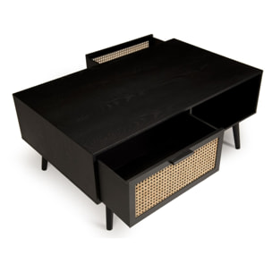 ANGELO - Table basse noire bois 2 tiroirs cannage 1 niche