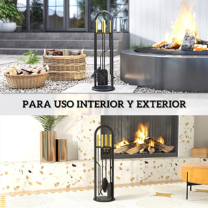 Juego Utensilios Chimenea de 5 Piezas, Juego de Accesorios para Chimenea de Metal con Escoba, Pala, 1 Par de Tenazas, Atizador y Soporte, 20x20x71 cm, Negro y Dorado