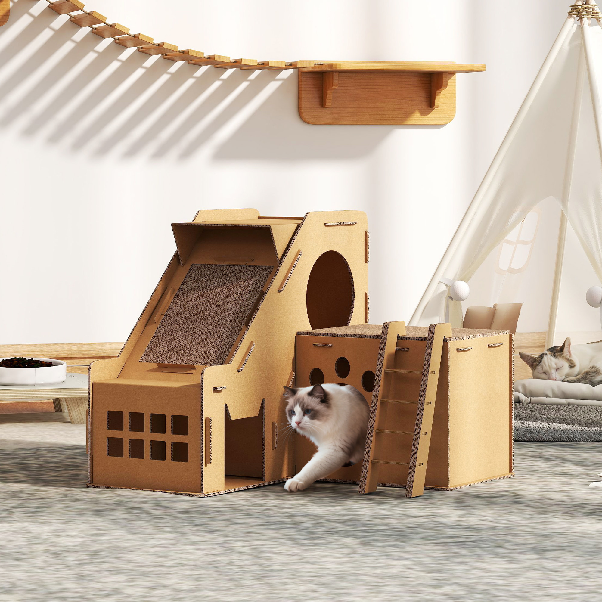 Rascador Cartón para Gatos Forma Castillo 2 en 1, Rascador para Gatos con 2 Zonas de Rascado, Catnip, Rampa y Escalera, para Interior, 67x66x57 cm, Marrón