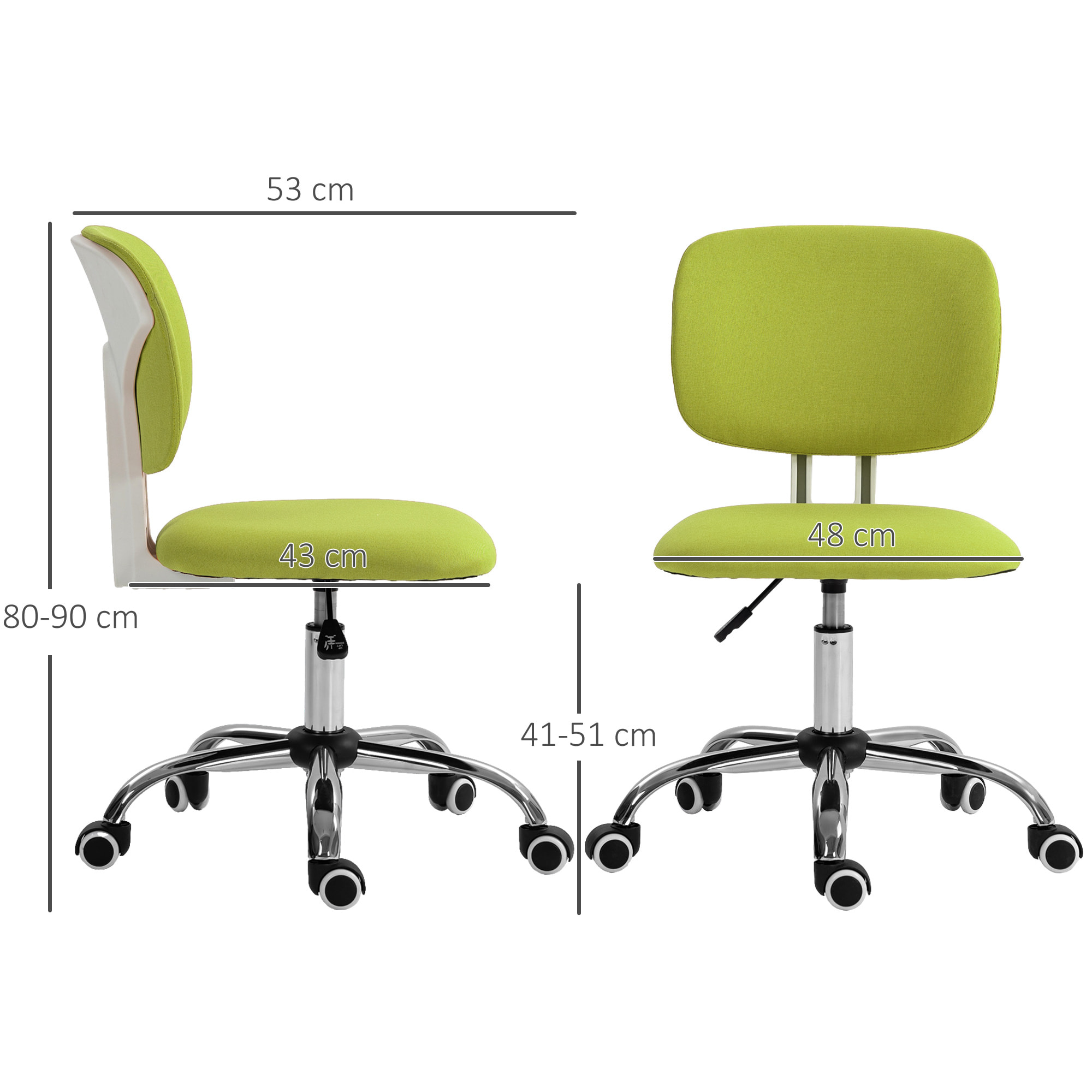 Silla de Oficina sin Brazos Silla de Escritorio Giratoria Tapizado de Tela con Altura Ajustable Estilo Moderno Carga 120 kg 48x53x80-90 cm Verde Lima