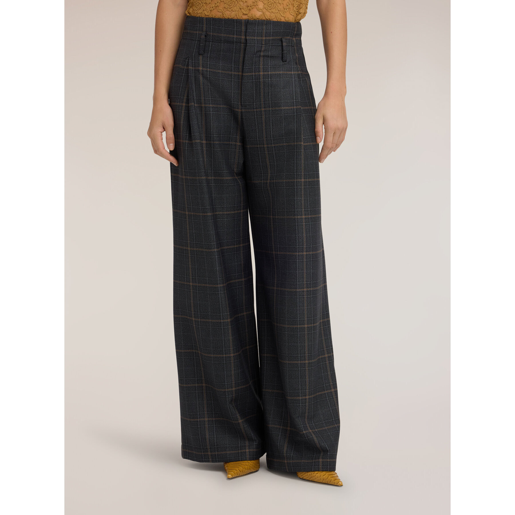 Motivi - Pantaloni palazzo a vita alta con fantasia check - Grigio