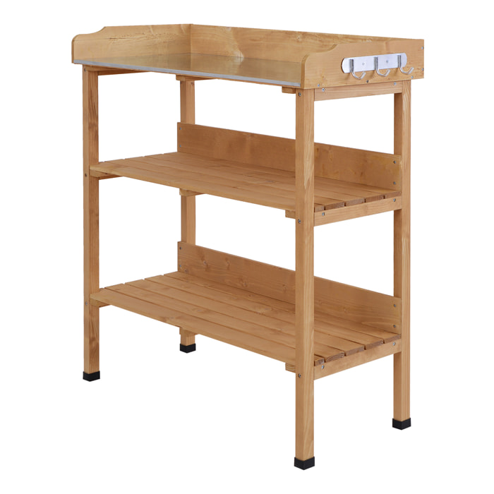 Mesa de Plantación de Madera de 3 Niveles Mesa de Jardinería con Placa Metálica 2 Estantes y Ganchos Resistente a la Intemperie para Jardín Terraza Balcón 76x37x89 cm Natural