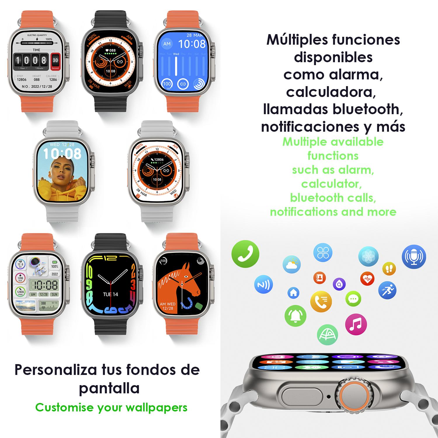 DAM Smartwatch DT8 Ultra con pantalla de 2.0 pulgadas HR y función Always-On display. Widgets personalizables. Correa Sea band. 4,8x1,3x4,3 Cm. Color: Plata