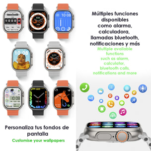 DAM Smartwatch DT8 Ultra con pantalla de 2.0 pulgadas HR y función Always-On display. Widgets personalizables. Correa Sea band. 4,8x1,3x4,3 Cm. Color: Plata