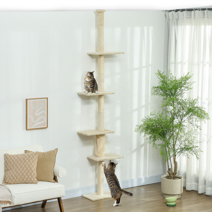 Árbol para Gatos de Suelo a Techo 225-275 cm Árbol Rascador para Gatos Torre para Gatos con Múltiples Plataformas Sistema de Antivuelco Crema