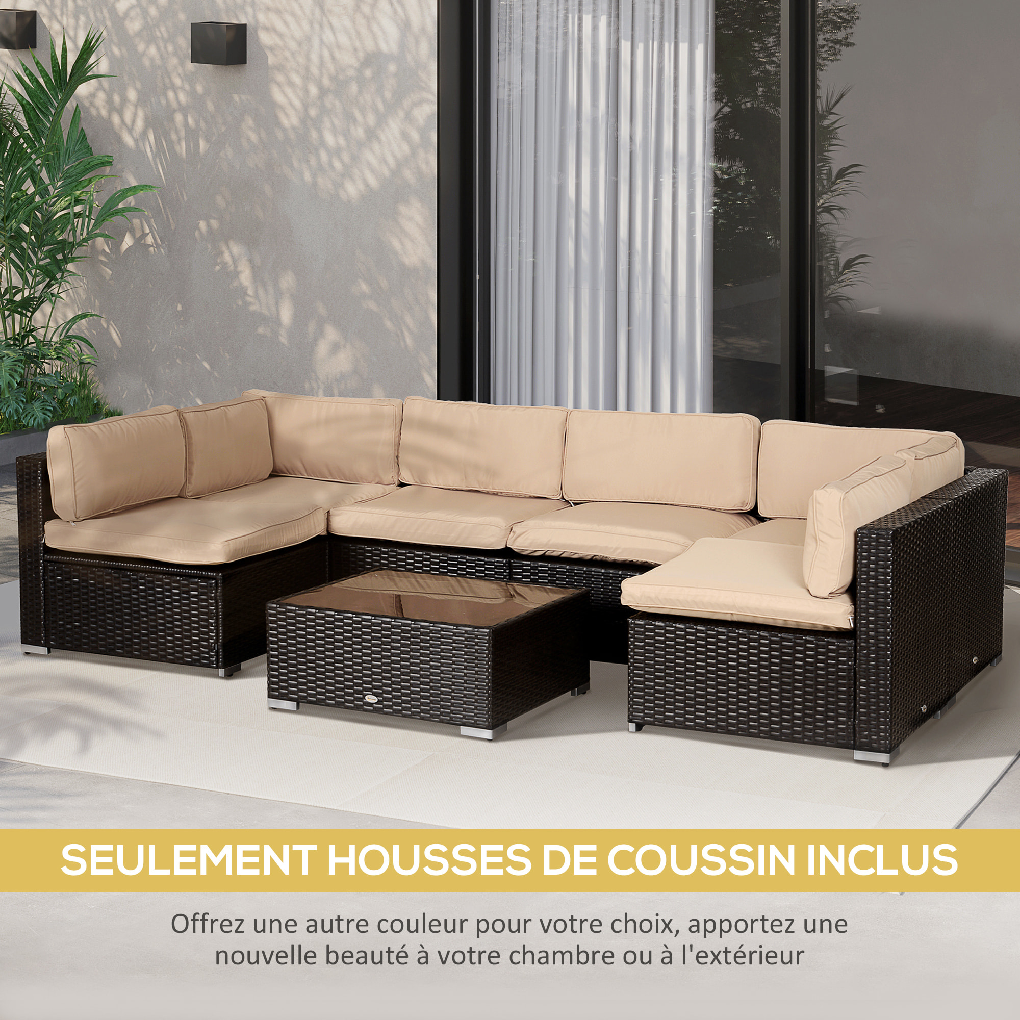 Lot de 14 housses de rechange coussins salon de jardin - 6 housses coussin d'assise, 8 housses coussin dossier - housses zippées polyester déperlant marron