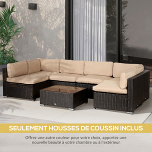 Lot de 14 housses de rechange coussins salon de jardin - 6 housses coussin d'assise, 8 housses coussin dossier - housses zippées polyester déperlant marron