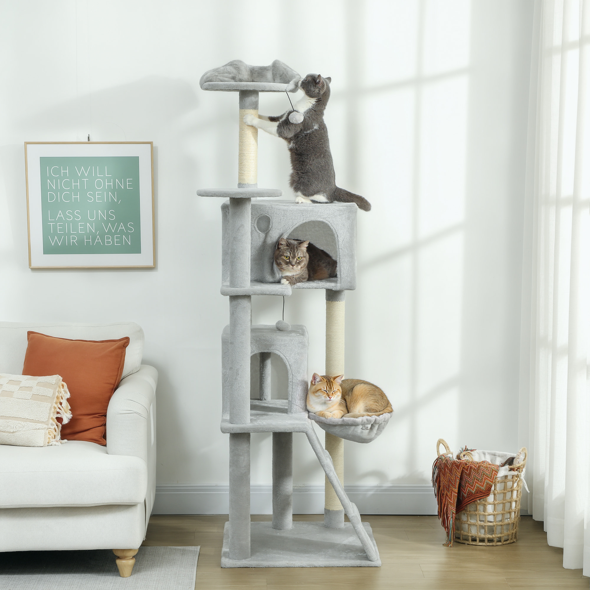 Árbol Rascador para Gatos, Árbol para Gatos 180 cm, Torre Escalador con Múltiples Plataformas, Cama, 2 Cuevas, Hamaca, Escalera, Postes de Sisal, Bolas para Jugar, Gris Claro