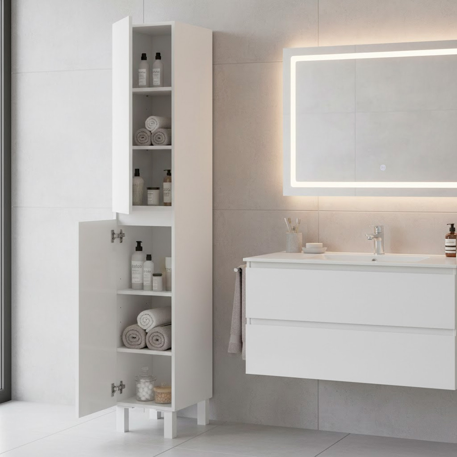 Mobile Alto Da Bagno Con 2 Ante E 6 Ripiani Salvaspazio Colonna Verticale Porta Asciugamani E Accessori 182 x 30 x 35 cm Bianco