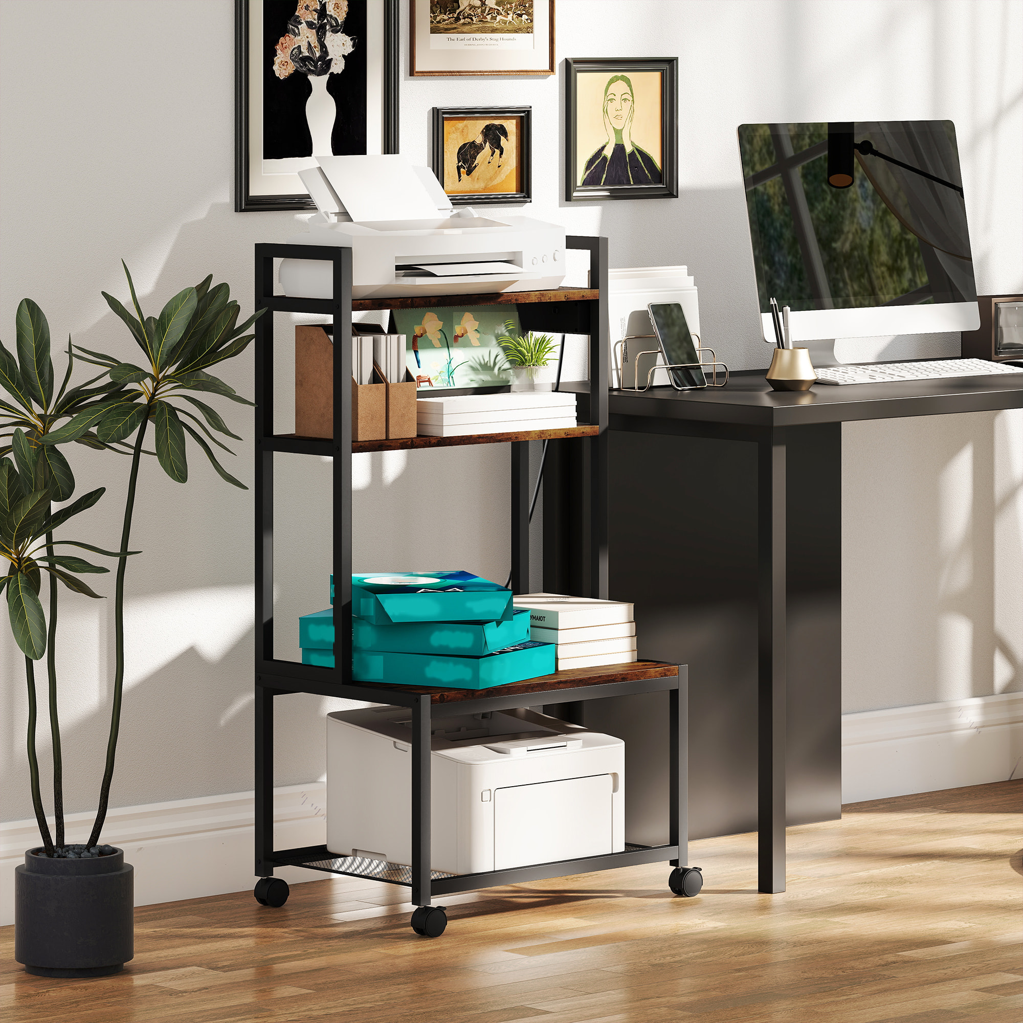 Support d'imprimante meuble photocopieur 2 prises secteur intégrées roulettes 4 étagères