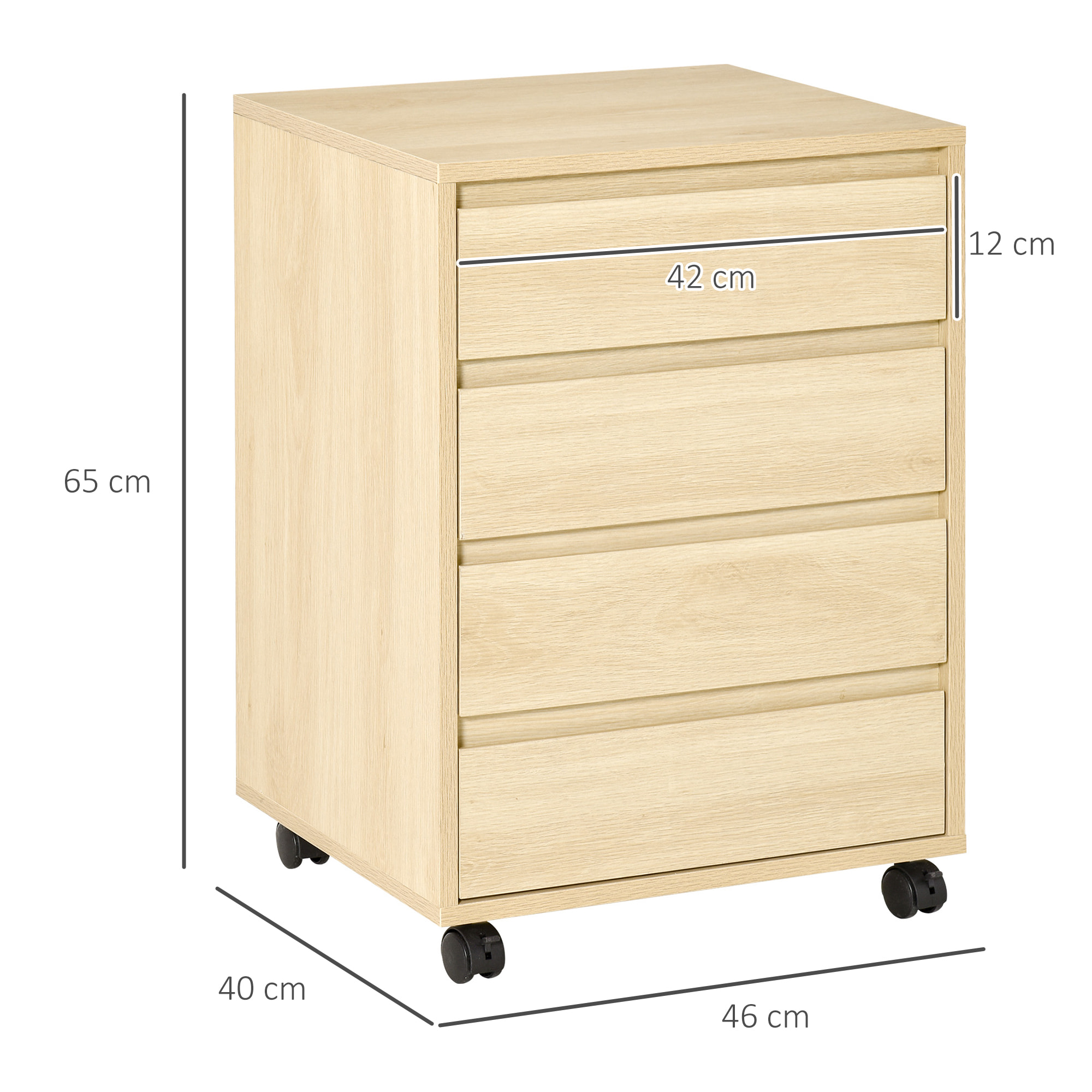 Caisson de bureau rangement bureau sur roulettes 4 tiroirs coulissants MDF aspect bois clair
