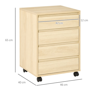 Caisson de bureau rangement bureau sur roulettes 4 tiroirs coulissants MDF aspect bois clair