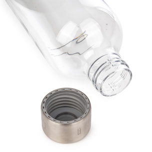 Botella de agua reutilizable de 1 litro en PET resistente, con tapón y base de acero inoxidable.
