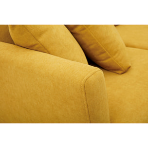Canapé scandinave déhoussable 2 places en tissu effet velours jaune moutarde et bois clair OSLO