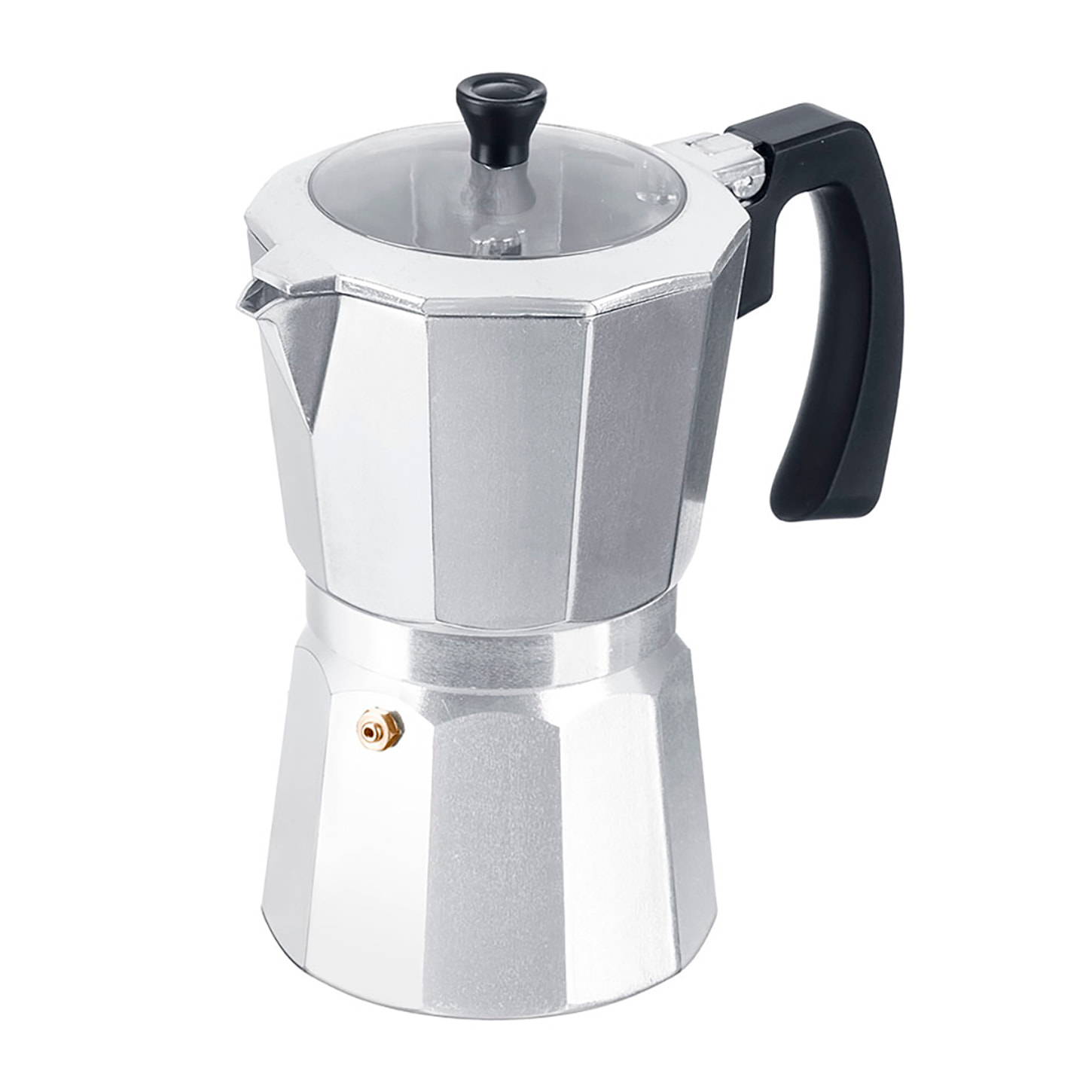 Cafetera de aluminio con tapa transparente y capacidad para 9 tazas.