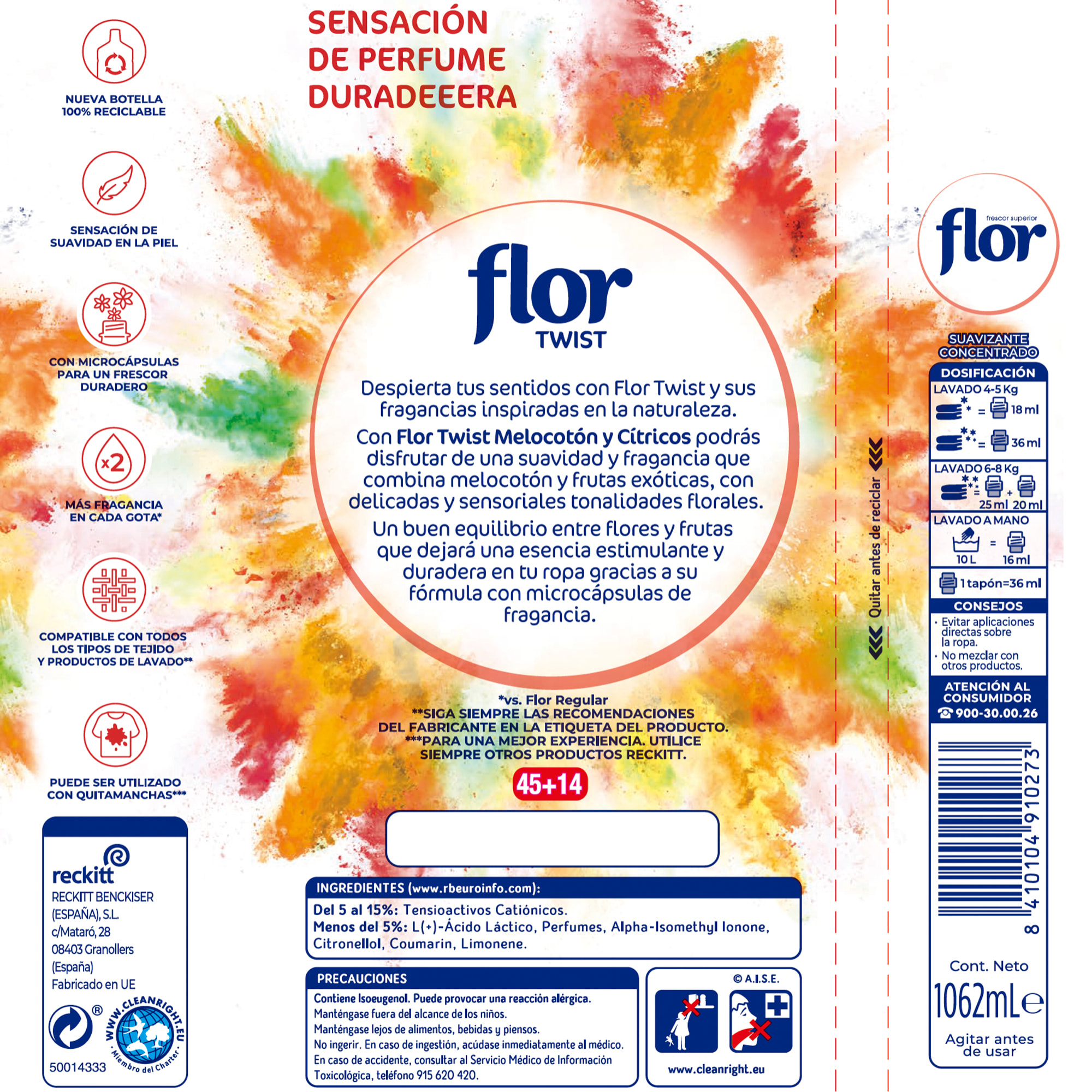 Flor Twist Melocotón y Citrus - Suavizante concentrado para la ropa con notas naturales 236 lavados (4botellas x 59 dosis)