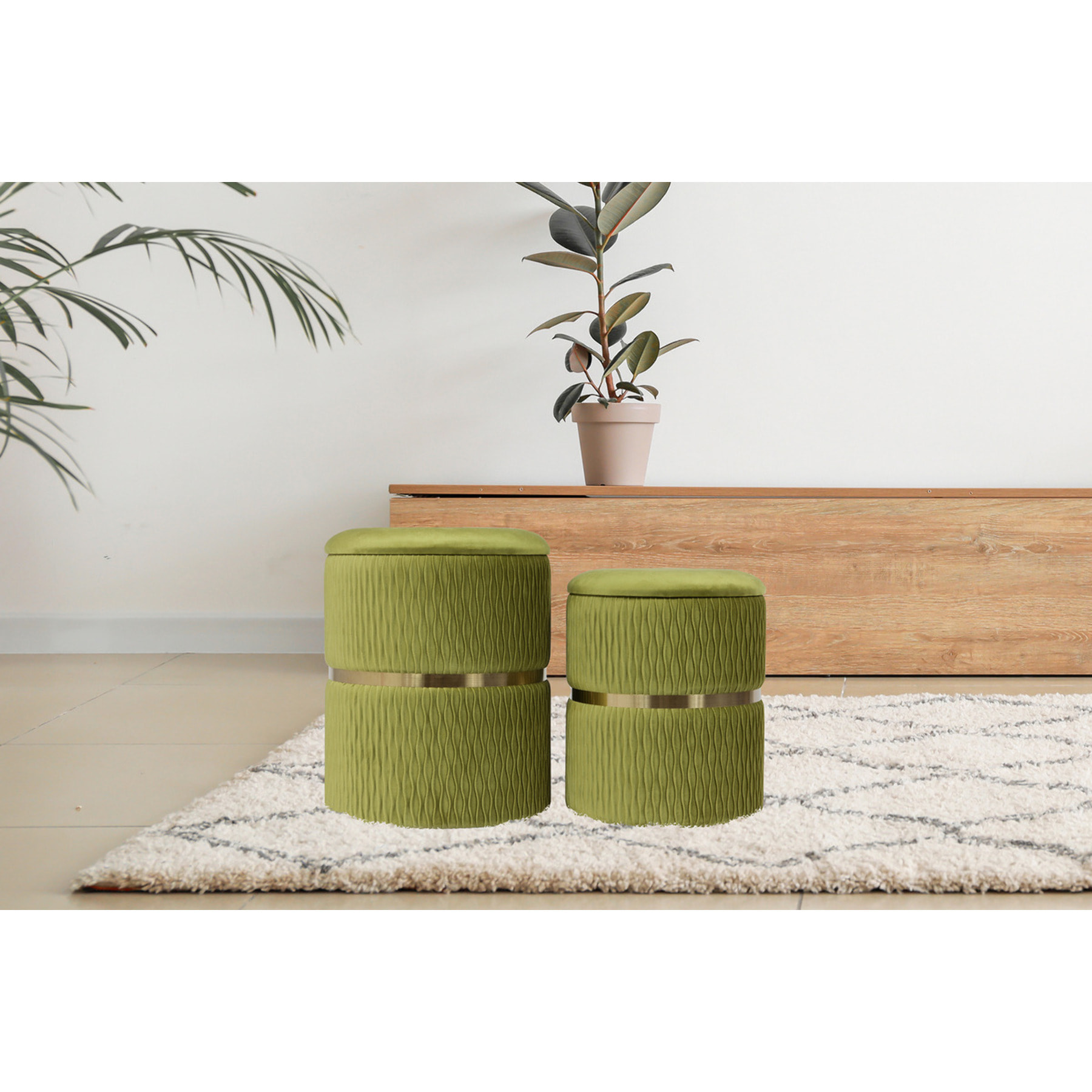 Set di 2 Puff Contenitori Milas in Velluto Verde Pistacchio