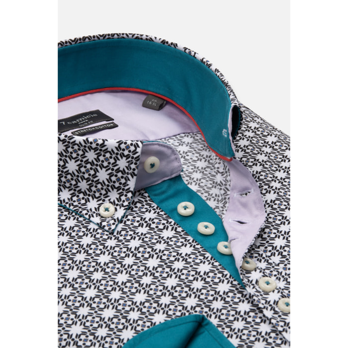 Camicia Uomo 1 Bottoni Button Down Slim Popeline Stretch Stampato Bianco/Nero