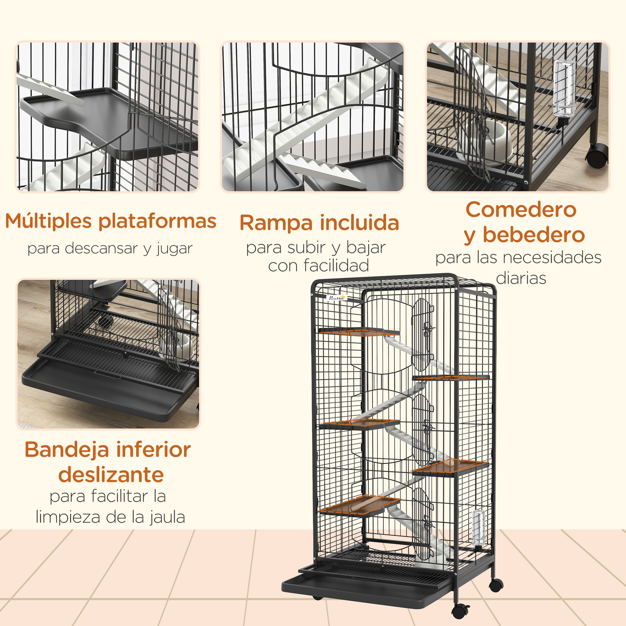 Jaula para Animales Pequeños Jaula para Roedores con Ruedas Rampa Cuenco Botella de Agua y Bandeja Extraíble Recinto para Conejos Chinchillas Hurones 64x43,5x131 cm Negro