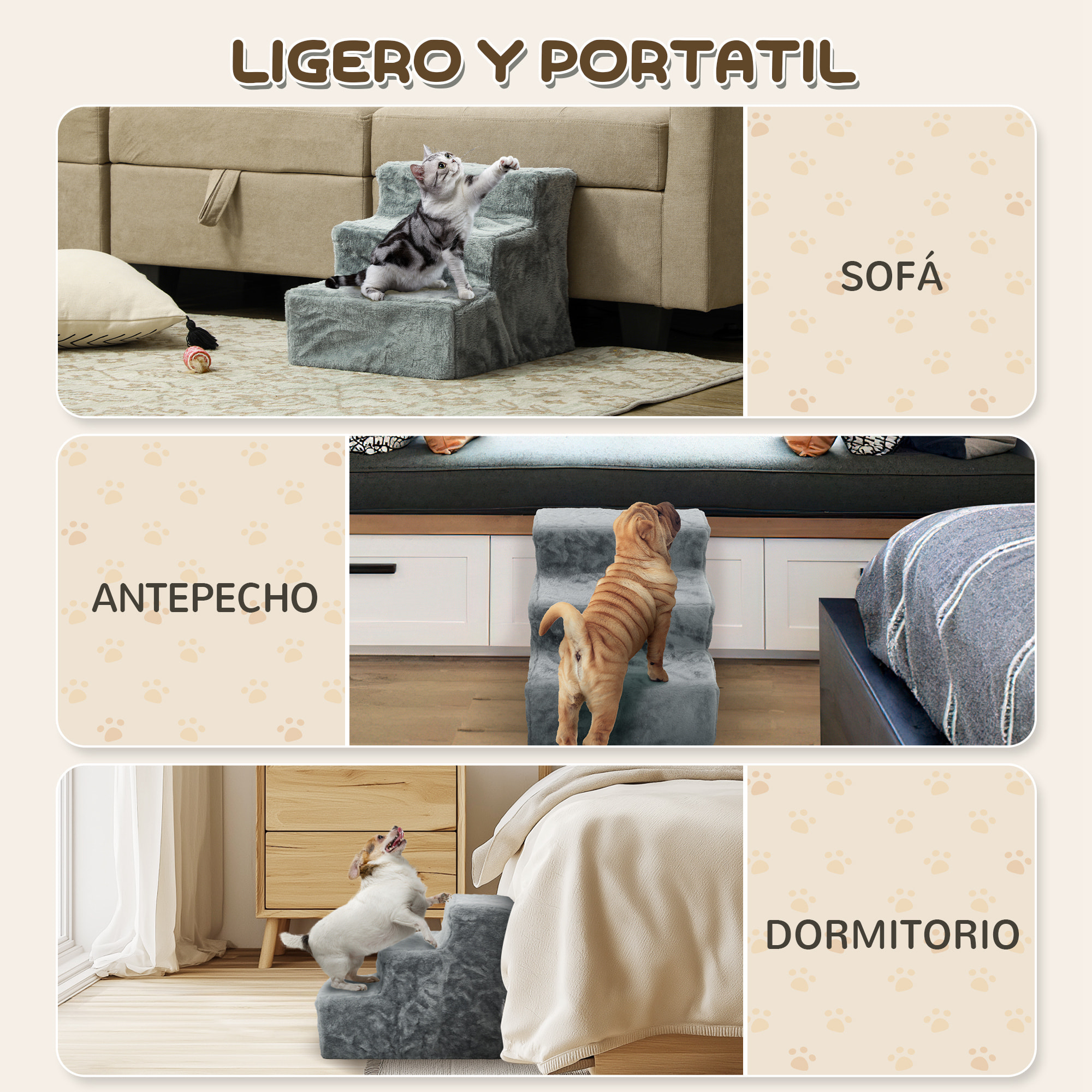 Escalera para Perros de 3 Peldaños con Funda Extraíble y Lavable Escalera para Mascotas Mayores Perros Pequeños Gatos para Cama Sofá 46x35x35 cm Gris Claro