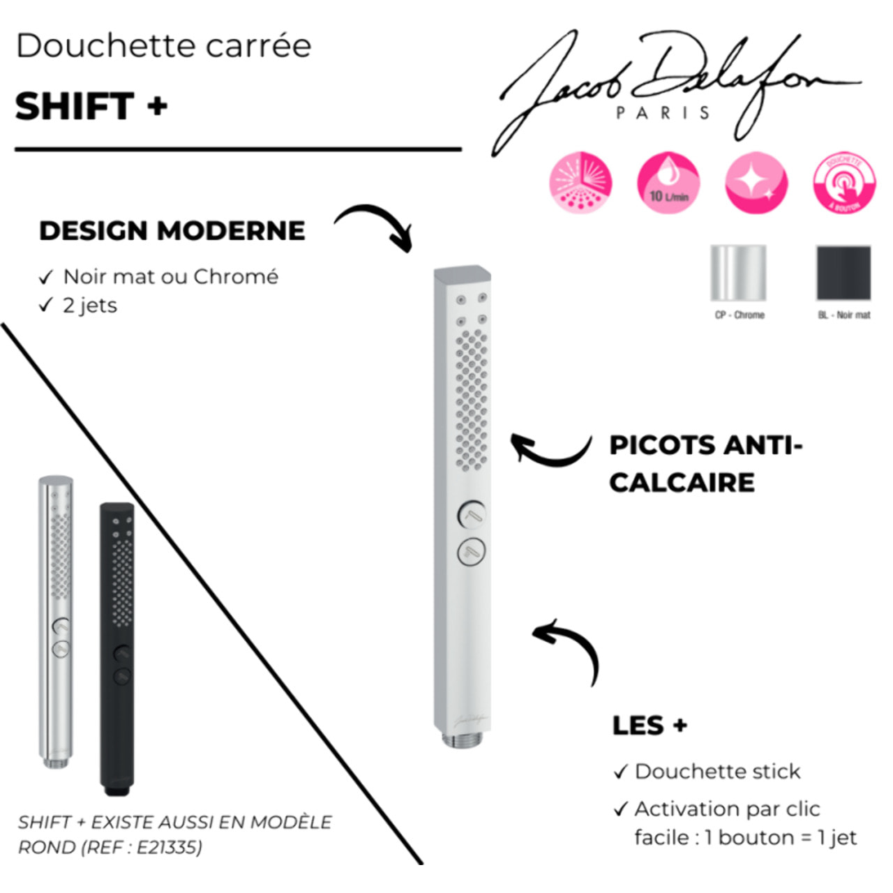 Pommeau de douche Shift+ carré 2 jets noir mat + flexible + support