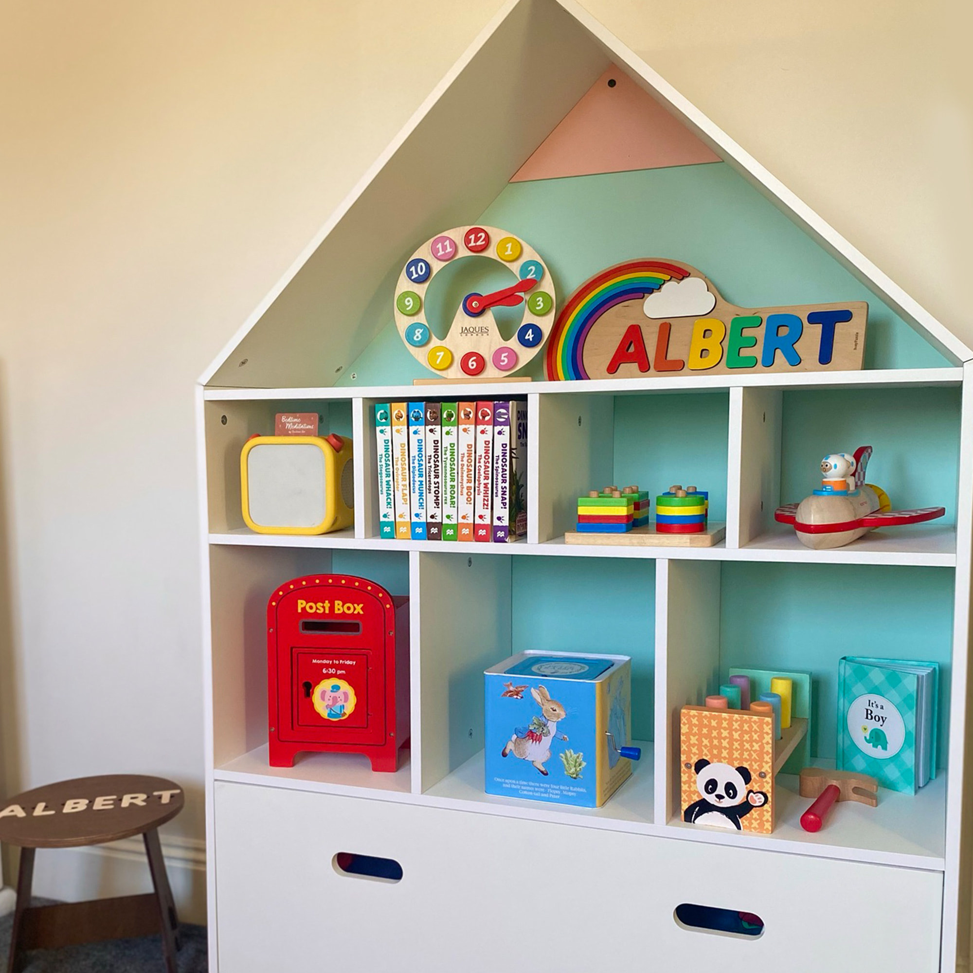 Estantería de Madera Infantil con 8 Compartimentos en Forma de Casa de 2 Colores