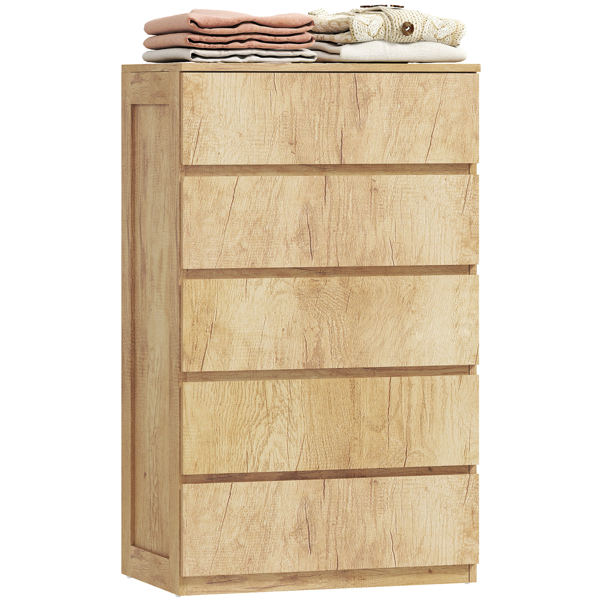 Cómoda 5 Cajones, Cómoda Dormitorio Moderna, Sinfonier, Diseño sin Tiradores, Cajonera para Sala de Estar, Comedor, Entrada, 60x39x100 cm, Madera Natural