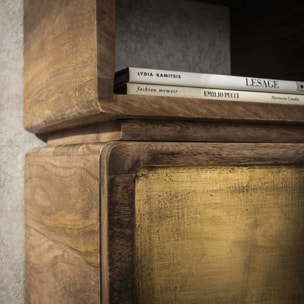 Table de nuit murale en bois de manguier forme cube, 1 tiroir finition cuivrée VARA