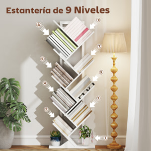 Librería en Forma de Árbol de 9 Niveles, Estantería de Libros con 9 Estantes, Estructura de Acero, para CD, DVD, Álbumes, Sala de Estar, Oficina, Estudio, Dormitorio, 50x24x136 cm, Blanco