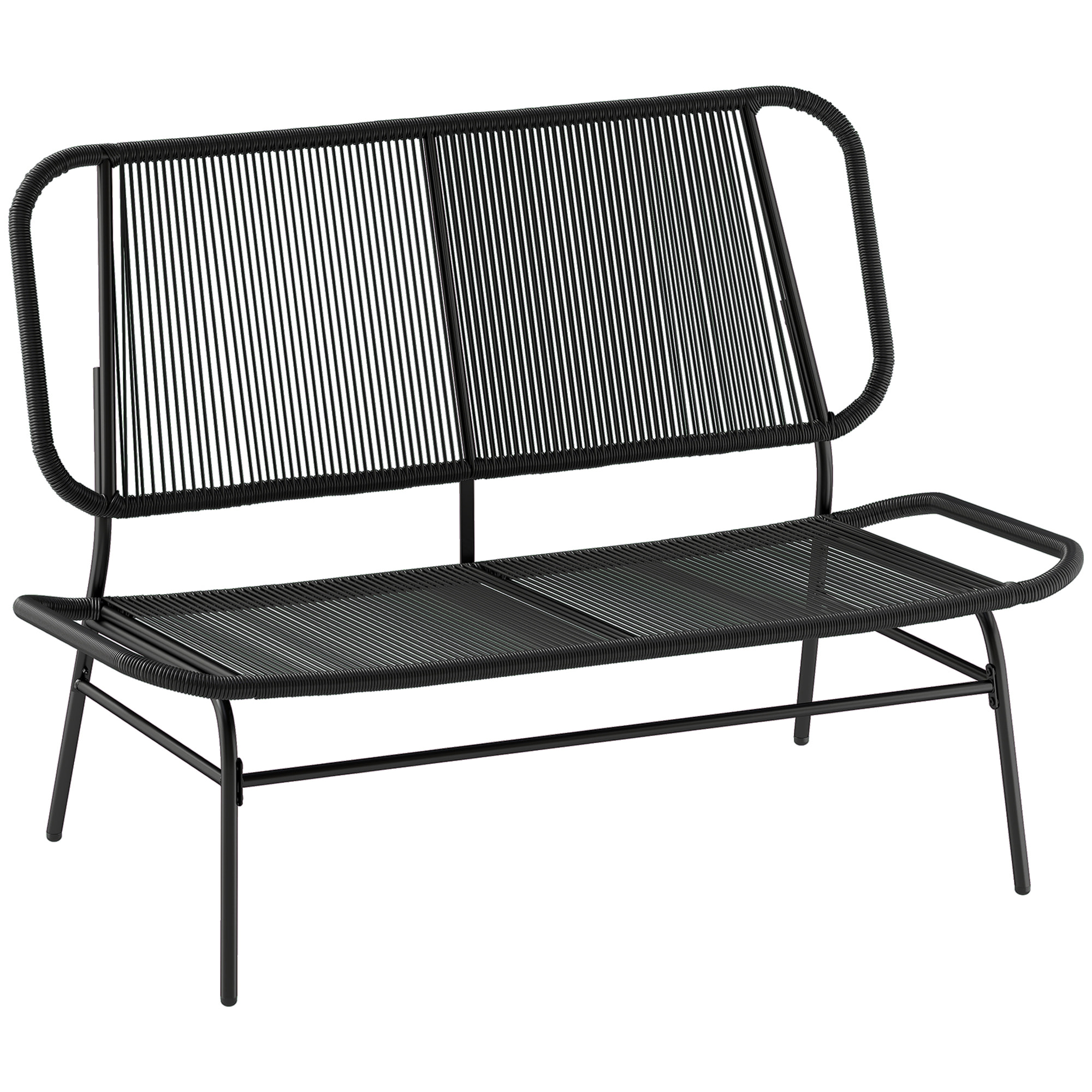 Sofá Exterior de Ratán de 2 Plazas, Sofá de Jardín Exterior con Asiento y Respaldo Tejidos de Ratán PE, Estructura de Acero, Carga 240 kg, para Balcón, Porche, Patio, Negro