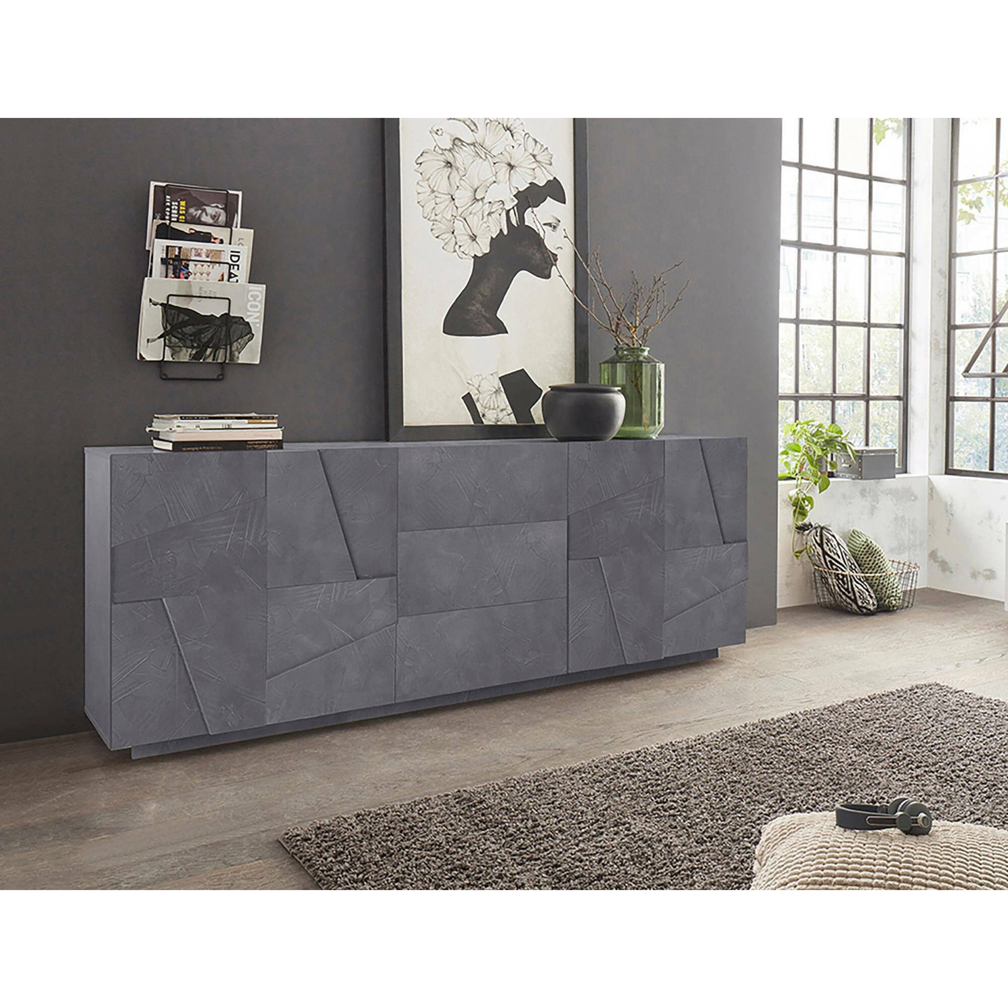 Credenza moderna a 4 ante e 3 cassetti, Made in Italy, Madia da cucina, Buffet di design da soggiorno, cm 224x44h86, colore Grigio Ardesia