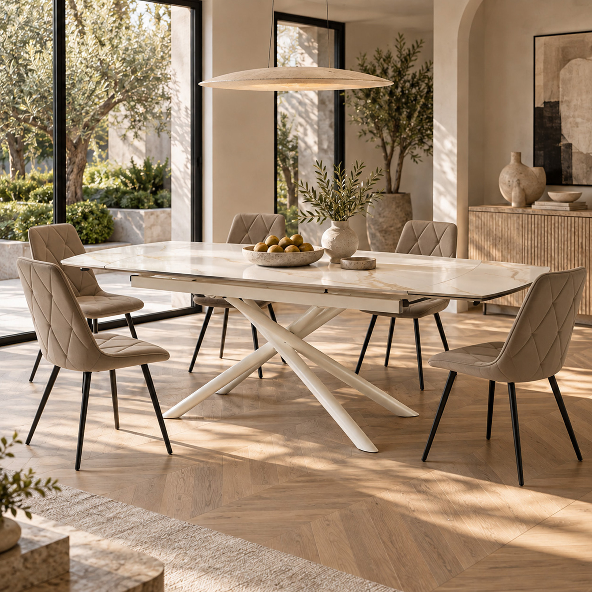 Tavolo allungabile BONIFACIO in ceramica, finitura calacatta oro lucida e gambe in metallo verniciato bianco - 160-220×80x76 cm