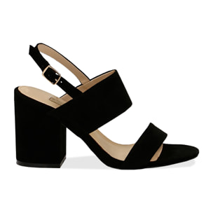 Sandalias negras de microfibra con doble tira, tacón cuadrado 9 cm