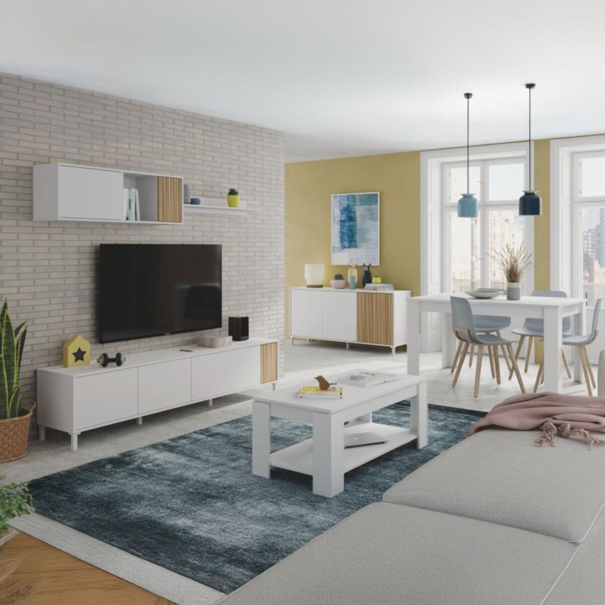 Pack salón con mesa de centro Nitza Plus V1 Blanco Artik (Blanco Mate) - Natur