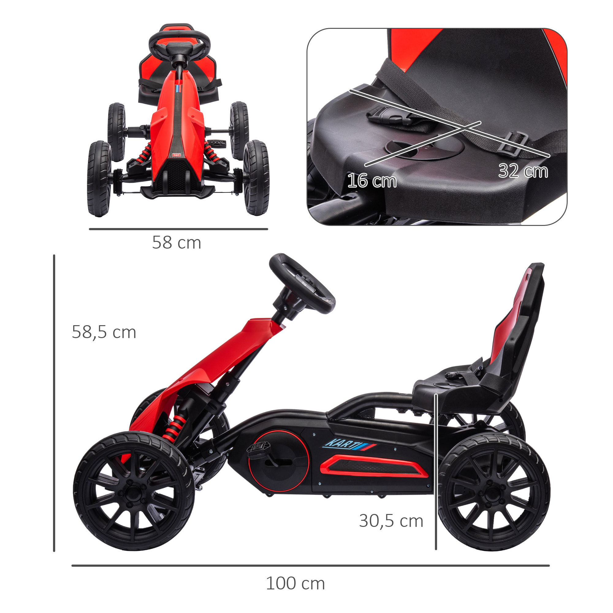 Kart Pedales Go Kart a Pedales para Niños de 3-8 Años con Asiento Ajustable en 4 Posiciones Freno de Mano y Ruedas de EVA Carga 30 kg Rojo