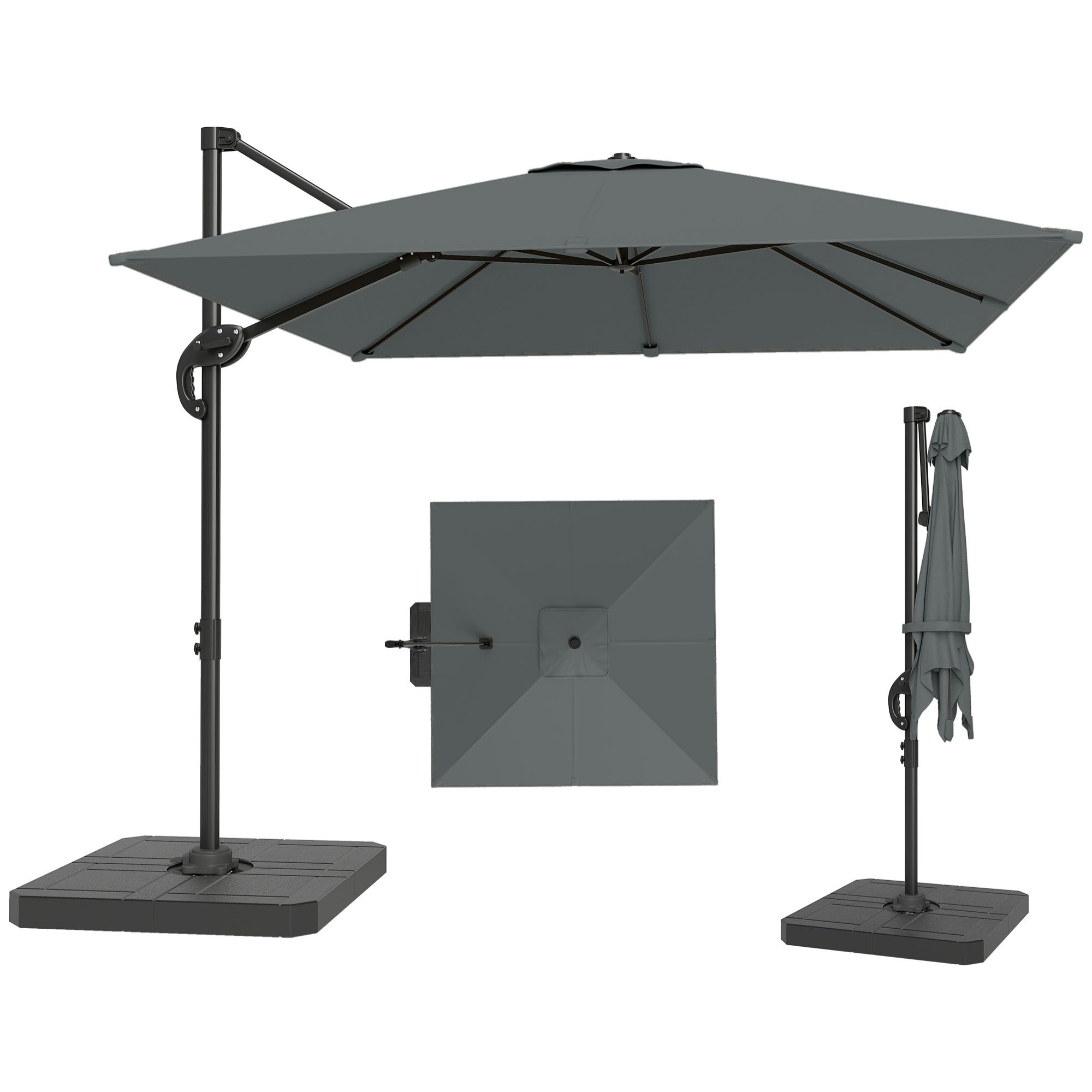Parasol déporté inclinable rotatif - pied, dalles lestage inclus - alu gris