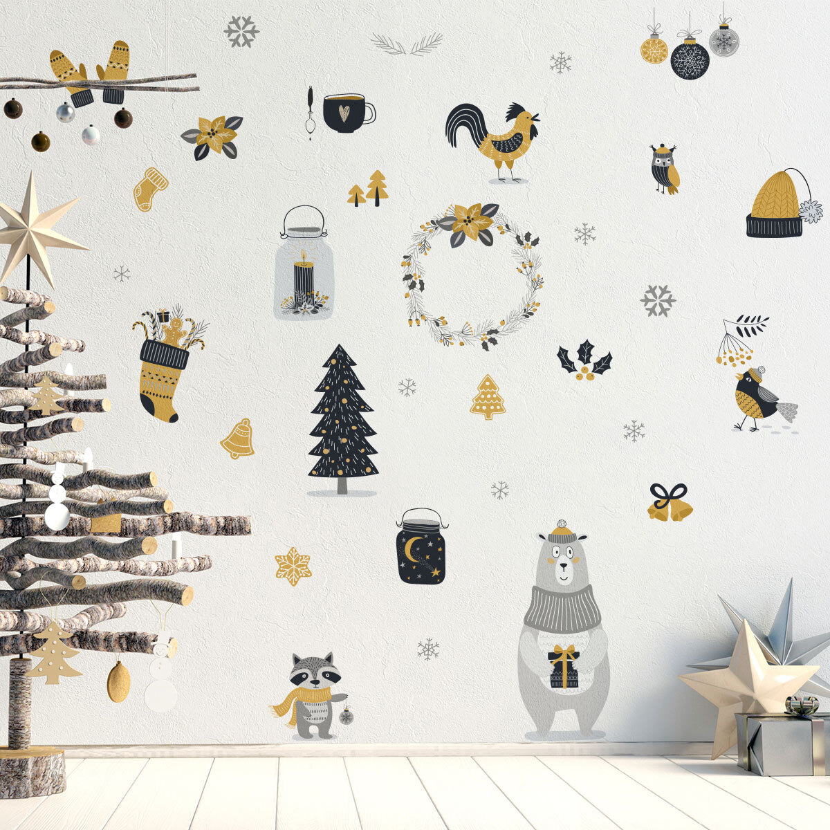 Sticker Noël animaux scandinave - Autocollants stickers adhésifs noël - décoration fêtes