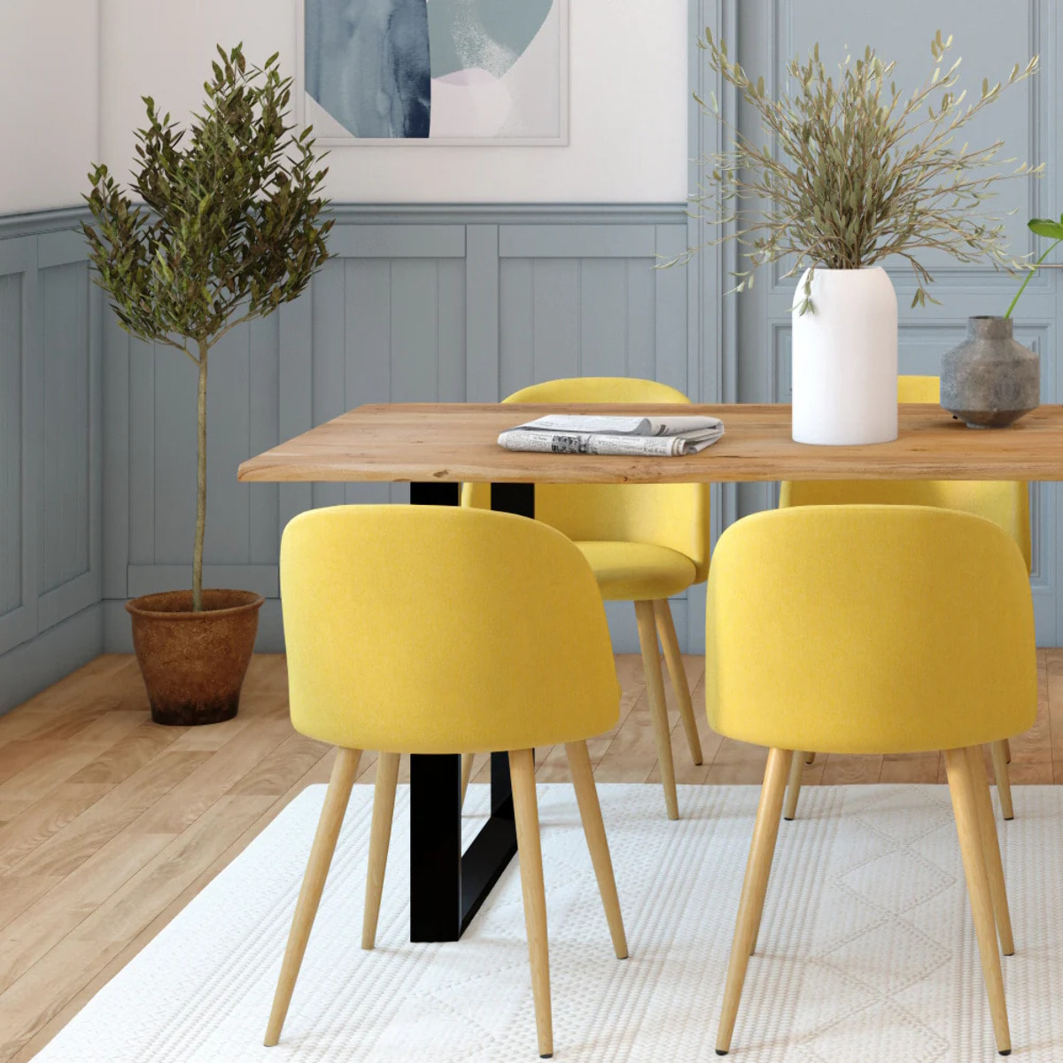 Lot de 2 chaises en tissu jaune et pieds en métal - Cozy