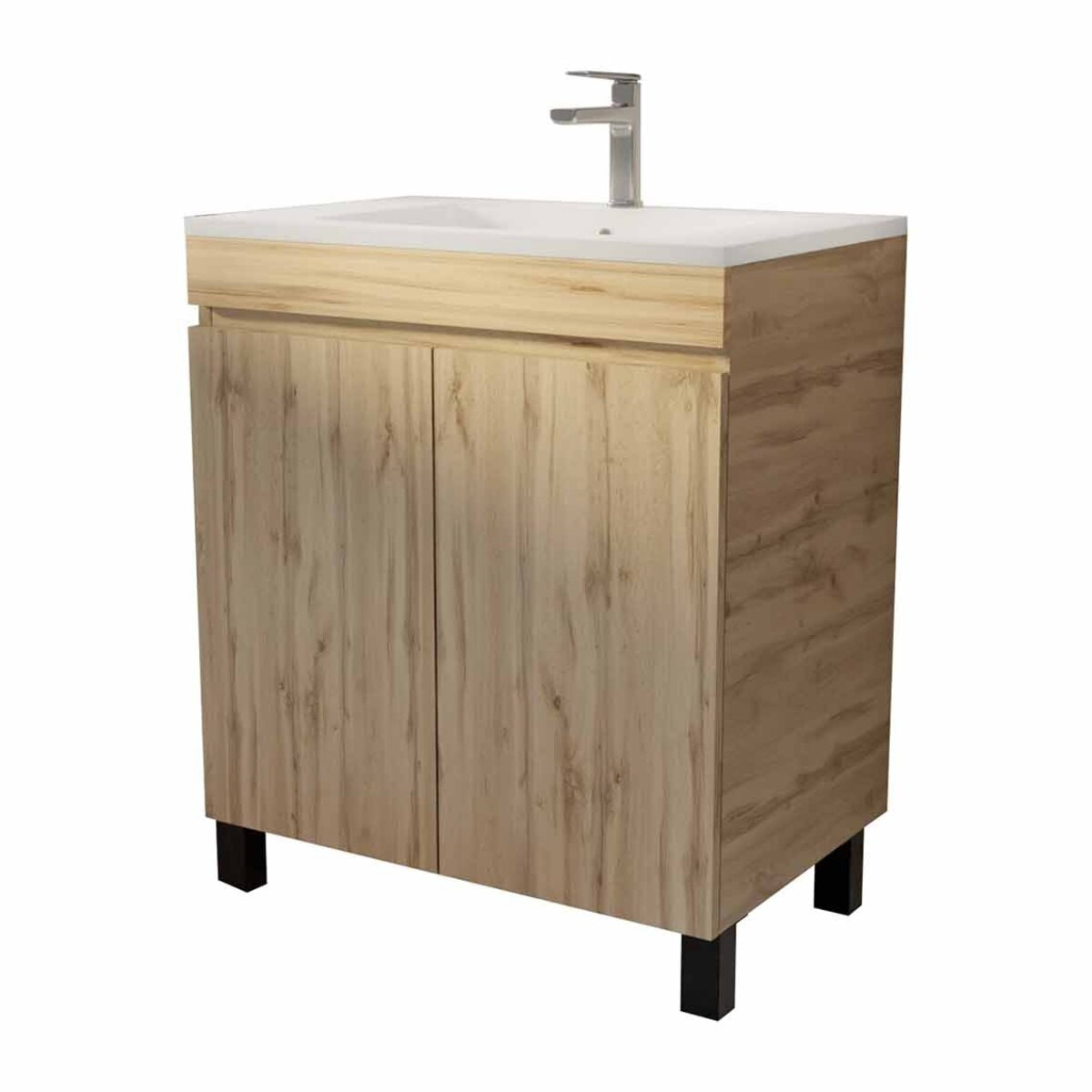 Meuble de salle de bains 70 cm TIMBER - Décor Chêne Naturel à portes avec Vasque céramique blanche