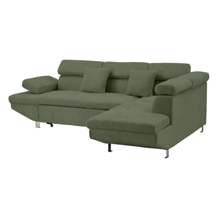 Margaux - Canapé d'angle droit 5 places convertible avec coffre et têtières réglables en velours texturé - Vert