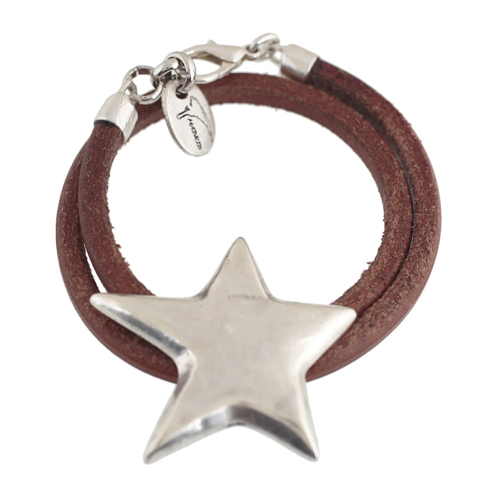 Pulsera doble estrella plata cuero 6mm