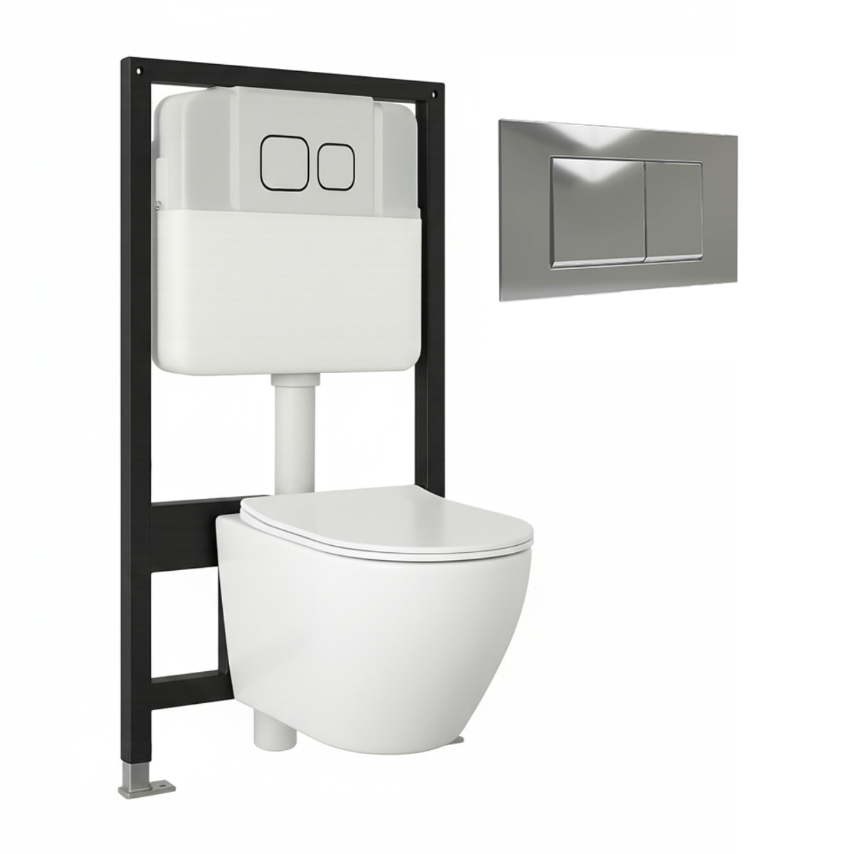 Pack Wc Suspendido + Bastidor | Inodoro Blanco Mate | Pulsador Cromado | Cisterna Empotrada | Tapa Amortiguada + Sistema Rimless | Alday