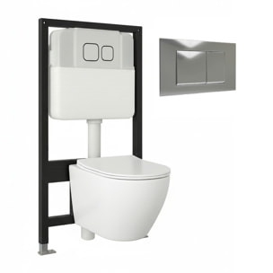 Pack Wc Suspendido + Bastidor | Inodoro Blanco Mate | Pulsador Cromado | Cisterna Empotrada | Tapa Amortiguada + Sistema Rimless | Alday